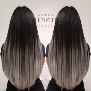 Before and after Bio Bond hair extensions: long, straight black hair fading to silver-grey ombre, shown twice, back view