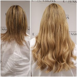 Before and after Bio Bond hair extensions: shoulder-length layered blonde hair to long honey-blonde waves, back view