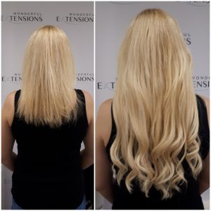 Before and after Bio Bond hair extensions: mid-length blonde hair to long blonde waves, back view