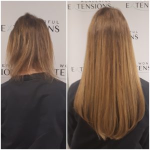 Before and after Bio Bond hair extensions: shoulder-length light brown hair to long, straight honey-brown hair, back view