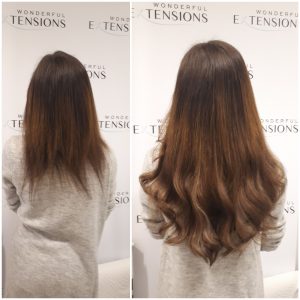 Before and after Bio Bond hair extensions: mid-length brown hair to long chestnut-brown waves, back view