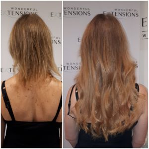 Before and after Bio Bond hair extensions: shoulder-length copper-blonde hair to long strawberry-blonde waves, back view