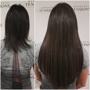 Before and after Bio Bond hair extensions: layered black hair to long, straight dark brown hair, back view
