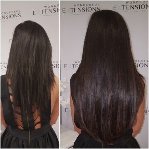 Before and after Bio Bond hair extensions: thin dark brown hair to long, straight, glossy dark brown hair, back view