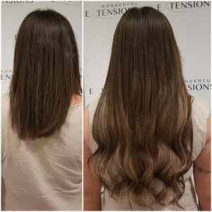 Before and after Bio Bond hair extensions: mid-length brown hair to long brown hair with soft balayage waves, back view