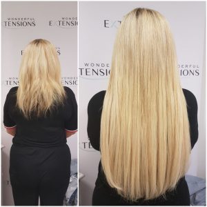 Before and after Bio Bond hair extensions: shoulder-length blonde hair to waist-length straight platinum blonde with dark roots, back view