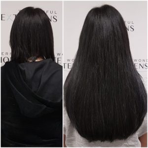 Before and after Bio Bond hair extensions: short black hair to long, straight black hair, back view