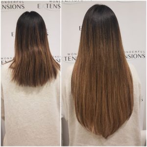 Before and after Bio Bond hair extensions: shoulder-length brown ombre to long, straight brown-to-caramel ombre, back view