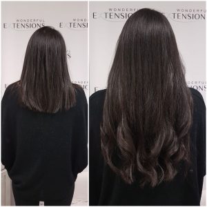Before and after Bio Bond hair extensions: shoulder-length dark brown hair to long dark brown hair with curled ends, back view
