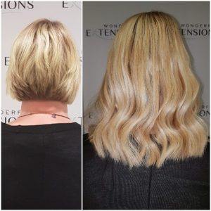 Before and after Bio Bond hair extensions: short blonde bob to shoulder-length blonde waves, back view