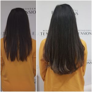 Before and after Bio Bond hair extensions: thin mid-length black hair to fuller, long black hair, back view