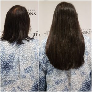 Before and after Bio Bond hair extensions: short dark bob to long, straight dark brown hair, back view