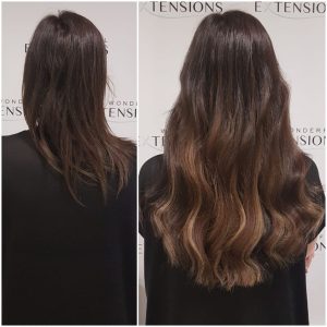 Before and after Bio Bond hair extensions: shoulder-length dark brown hair to long brown-to-caramel balayage waves, back view
